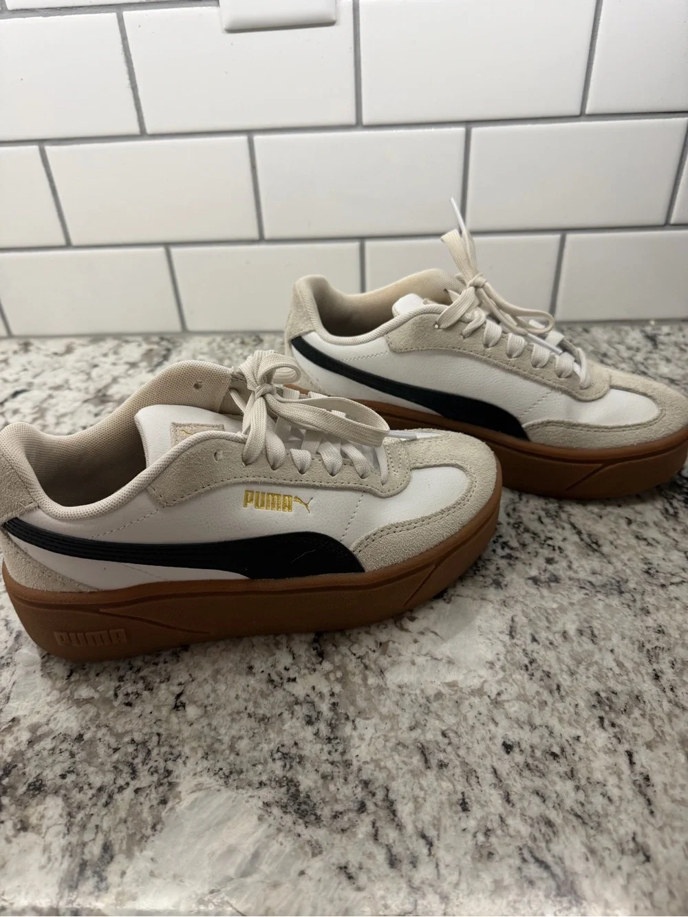 Puma White Black Low-Top Platform Sneakers with Gum Sole
